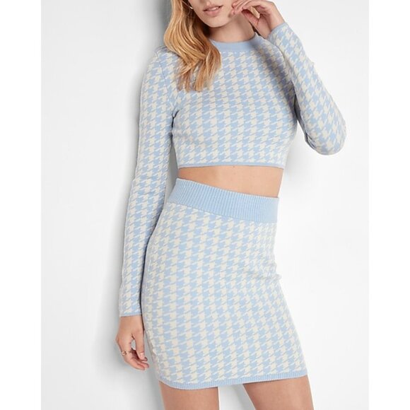 Express Houndstooth Strong Shoulder Pad Cropped Sweater Mini Skirt Set Plaid - Picture 2 of 8